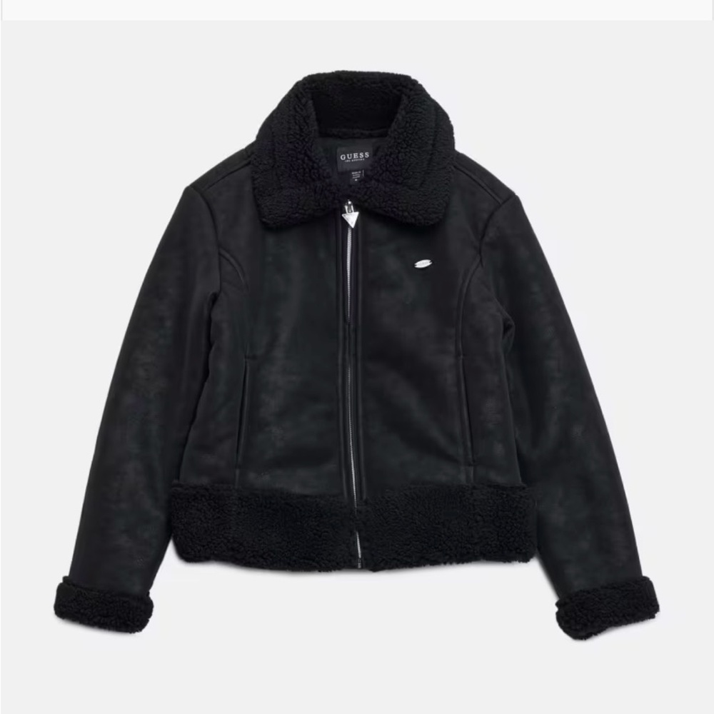 GUESS Black Faux-Shearling Pea Coat for Kids